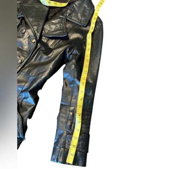 Black Vintage Double Breasted Leather Trench Coat Size Small - Picture 4 of 10